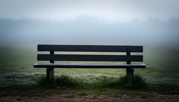 empty dark bench in a foggy field - Powered by Adobe
