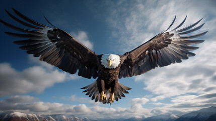Obraz premium Majestic eagle flying in blue sky with wings wide open, sharp 