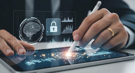 Person using stylus on tablet displaying ai brain, padlock, and data graphs for cybersecurity