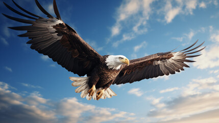 Obraz premium Majestic eagle flying in blue sky with wings wide open, sharp 