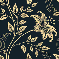 Elegant floral seamless pattern featuring a beautiful lily and lush foliage design