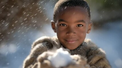 Child building a snowman in a park with trees and soft natural light - Powered by Adobe