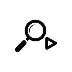 Simple black and white icon depicting a magnifying glass and a play button.