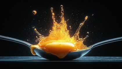 Dynamic Golden Egg Yolk Splash in Utensil on Dark Background