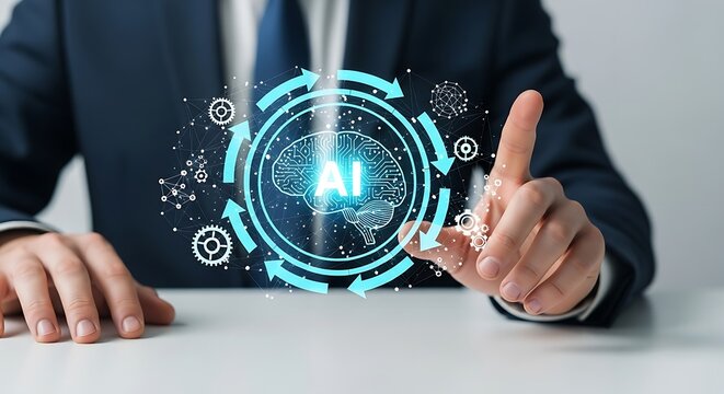 Man in suit interacting with ai brain hologram with arrows and gears on a white surface