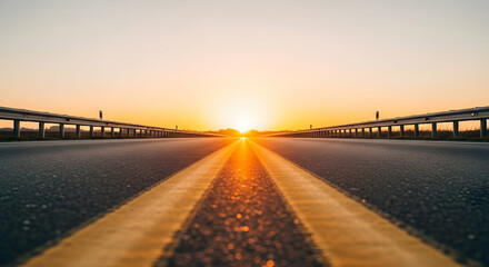 Golden Horizon Awaits: An asphalt road leading toward a sunrise symbolizing journeys and new beginnings