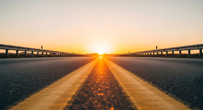 Golden Horizon Awaits: An asphalt road leading toward a sunrise symbolizing journeys and new beginnings