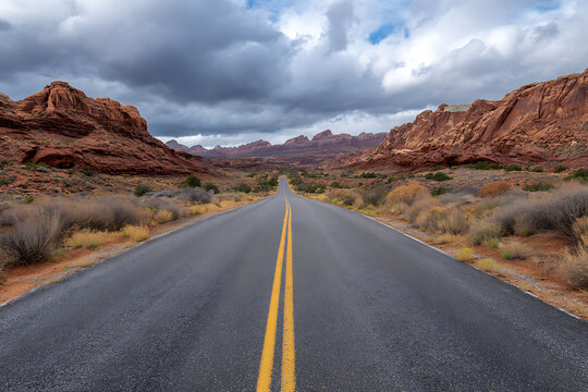 A long asphalt road with double yellow lines stretches through a desert landscape under a dramatic cloudy sky reddish brown rock formations - Powered by Adobe