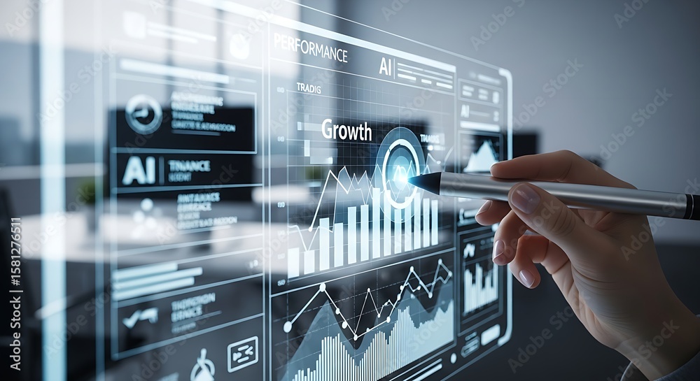 Aufkleber hand using stylus on transparent screen displaying ai finance growth charts and performance metrics 
