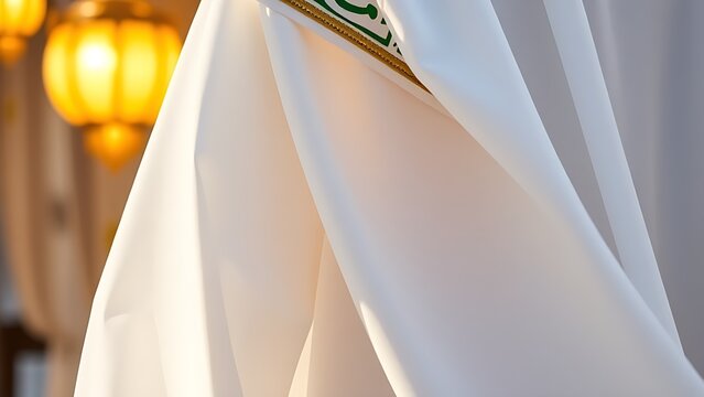 White thobe with green and gold embroidery, soft light highlighting textures amid festive lanterns.