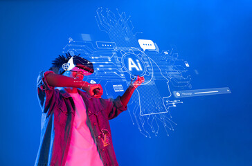 A person engages with virtual reality technology, visualizing artificial intelligence concepts and...