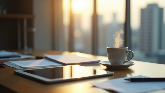 Steaming cup of coffee on a wooden desk next to a tablet and papers with a city skyline visible through the window at sunset