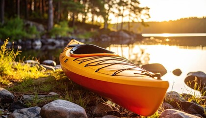 A single red or yellow kayak moored by a shore with rocks and grass. The sun sets behind the forest, reflecting on the water. Atmosphere of calm and warmth.