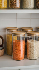 Various dry grains and lentils stored in clear glass jars with bamboo lids on a shelf