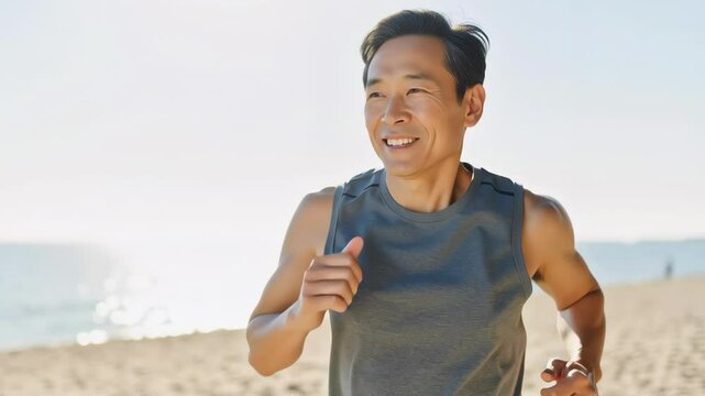 Cheerful middle-aged man jogging on sunny beach, embracing healthy lifestyle and fitness with ocean backdrop, exuding happiness and vitality