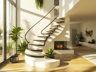 Modern spiral staircase with warm lighting