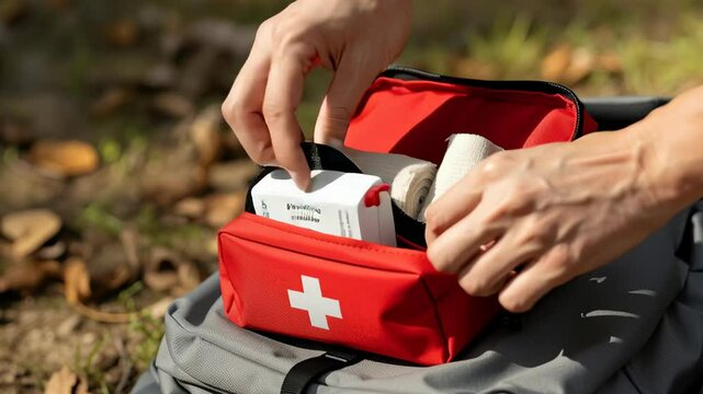 Hands accessing bandages in red first aid kit on grey backpack outdoors with natural background for medical emergency preparedness