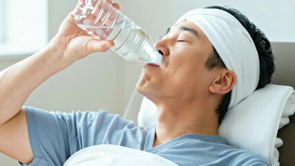 Asian man resting in hospital bed staying hydrated with water, focusing on recovery and relaxation in a bright, peaceful room for wellness and healing