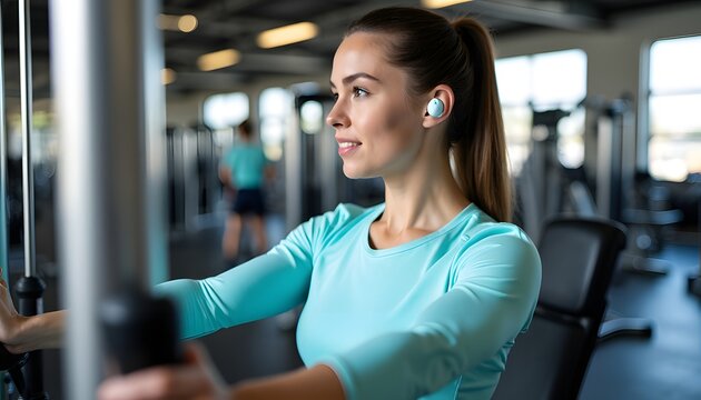 Young Woman Using Cable Machine at Gym Wearing Wireless Earbuds