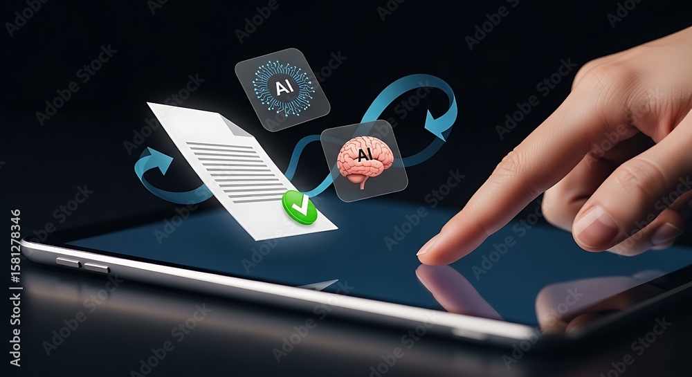 Poster hand touching tablet with ai icons paper and checkmark for document processing on dark background