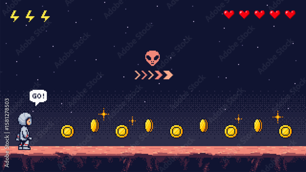 Poster astronaut in pixel art game level, collecting coins in outer space. retro video game concept. vector