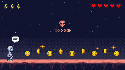 Astronaut in pixel art game level, collecting coins in outer space. Retro video game concept. Vector illustration for interface and design. © hiten666
