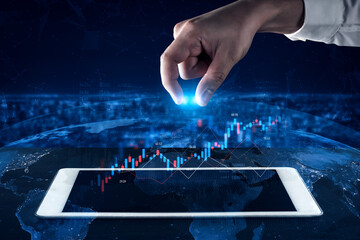 Candlestick chart visualizing financial market trends, investment patterns, price fluctuations, and...