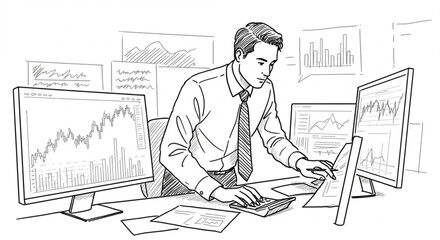 Businessman or stock trader analyzing financial data on multiple computer monitors. Hand-drawn vector sketch illustration of a professional working in finance.