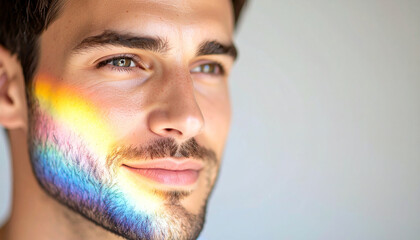 Obraz premium Joyful Man Portrait with Rainbow Prism Light and Glowing Skin
