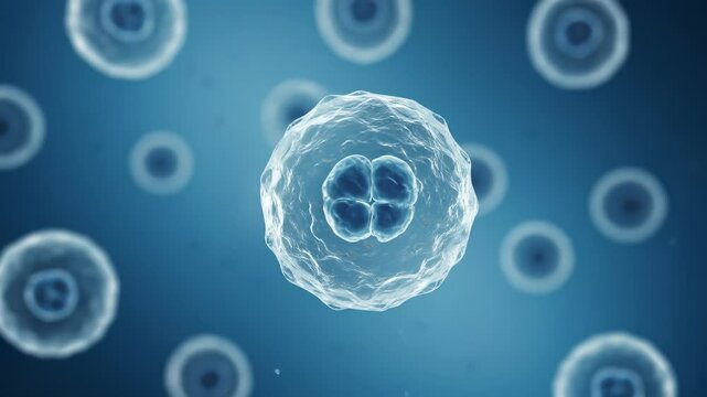 Embryo cell division at a microscopic level, representing biological development and life sciences research in healthcare.