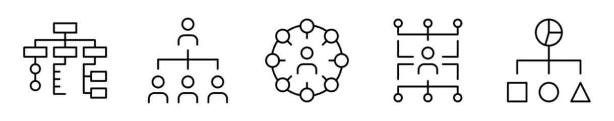 Conjunto de iconos de organigrama. Estructura jerárquica. Distribución de cargos, división de funciones, conexión entre áreas, niveles jerárquicos y representación esquemática. Ilustración vectorial