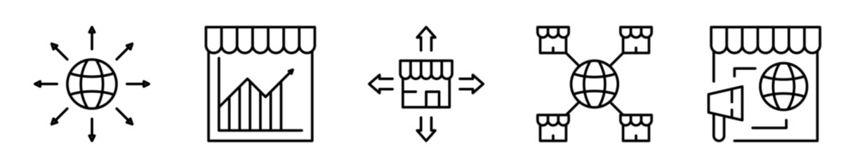 Conjunto de iconos de expansión de mercado. Estrategia comercial. Crecimiento global, análisis estadístico, diversificación territorial, presencia internacional y promoción. Ilustración vectorial