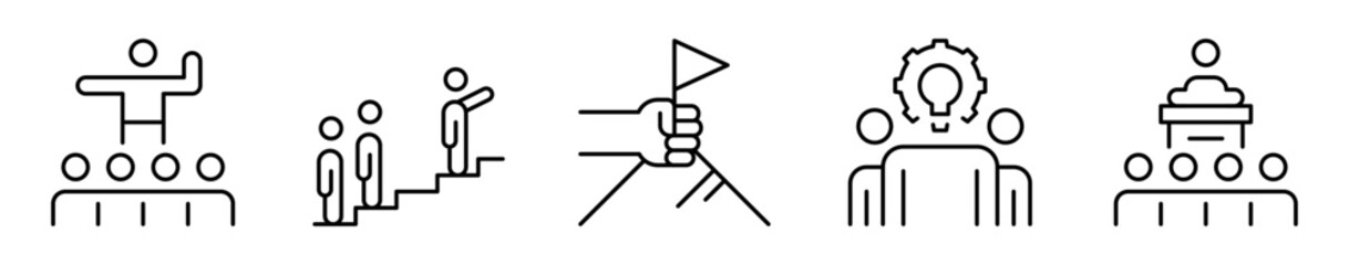 Conjunto de iconos de liderazgo. Capacidad de guiar. Mentoría, impulso al crecimiento, toma de iniciativa, visión compartida y discurso. Ilustración vectorial 