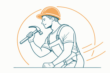 Obraz premium Construction Worker Illustration – Minimalist Figure with Hard Hat, Safety Vest, and Hammer in Orange Circle