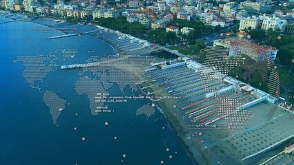 Coastal drone shot starting clear map overlay pulsing with code and data points showing network - Powered by Adobe