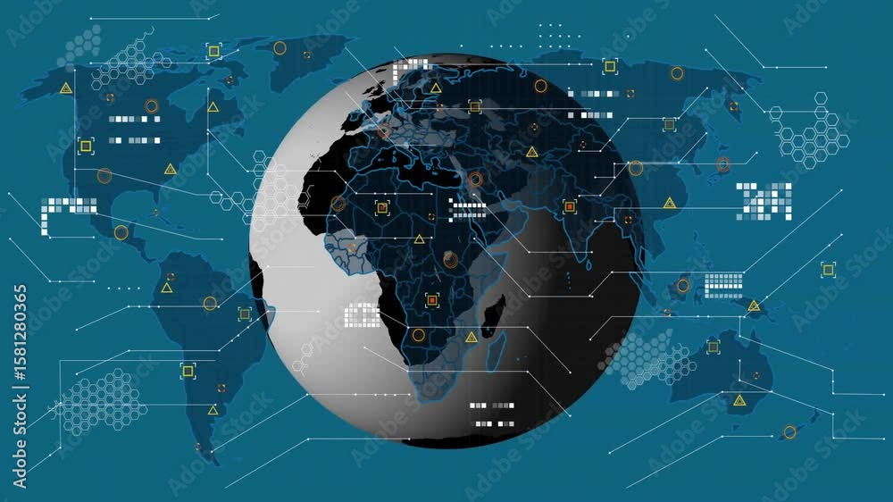 Poster on first frame 3d globe appearing rotating eastward drawing neon borders showing global data links