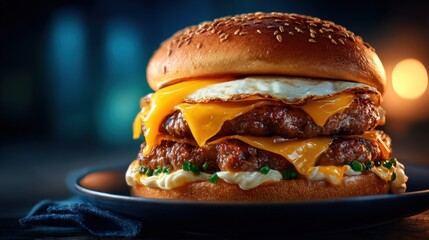 Close-up of a hearty breakfast sandwich with egg, cheddar, sausage, and hash browns on a sesame bun, set against a moody backdrop, perfect for food marketing.