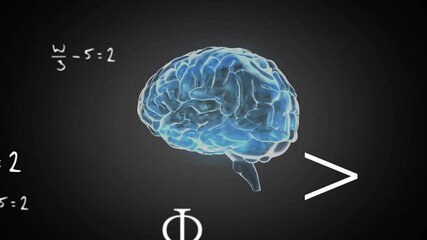 Glowing neon-blue 3D brain materializing rotating, spawning floating formulas illustrating learning - Powered by Adobe