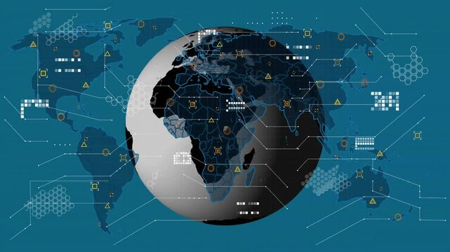 On first frame 3D globe appearing rotating eastward drawing neon borders showing global data links