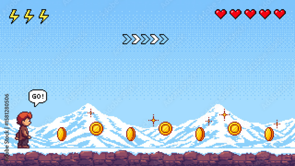 Poster side view of a man character in pixel art style with a go speech bubble. winter game level with moun