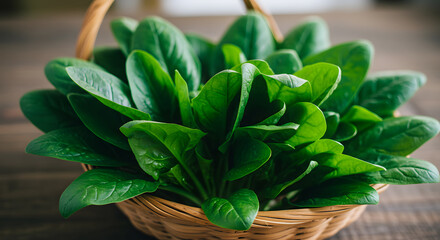 Fresh green spinach leaves in a wicker basket, healthy organic vegetable, natural produce, nutritious food, leafy greens, vegetarian diet