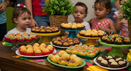 Children celebrating birthday with a colorful array of cupcakes and treats on a decorated table, enjoying a festive party atmosphere