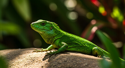 Obraz premium Vibrant green lizard basking on a rock, surrounded by lush foliage, showcasing its detailed scales and alert posture in natural sunlight