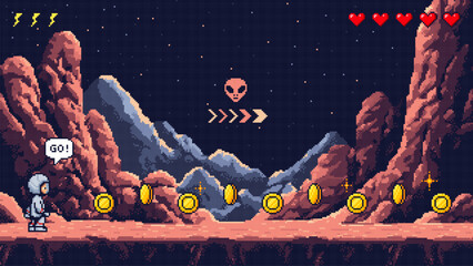 Pixel art game level with a male astronaut collecting coins on a red alien planet. Retro video game concept. © hiten666