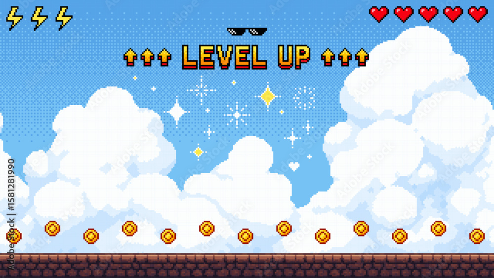 Fototapete pixel art game level with a bright blue sky and clouds. retro video game background with pixelated c