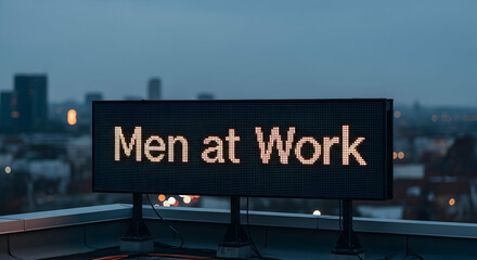 Men At Work Billboard Displayed On A Rooftop In An Urban Landscape During Dusk