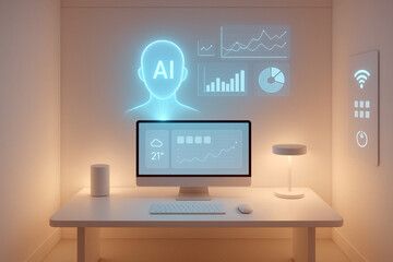 Futuristic Minimalist Office Desk with Glowing AI Assistant Hologram Displaying Graphs in Smart Digital Workspace