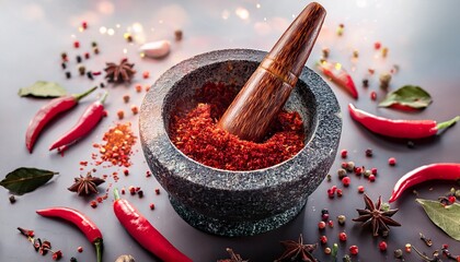 a mortar and pestle with fresh red chilies being ground into a fine paste with various spices and herbs scattered on the surface around it