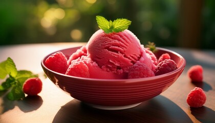 refreshing raspberry sorbet served in a vibrant bowl with fresh fruit on a sunny afternoon