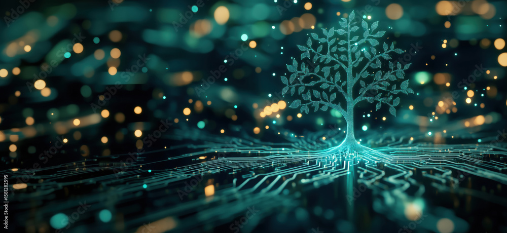 Poster digital tree symbolizing growth and technology with circuit patterns and glowing lights.